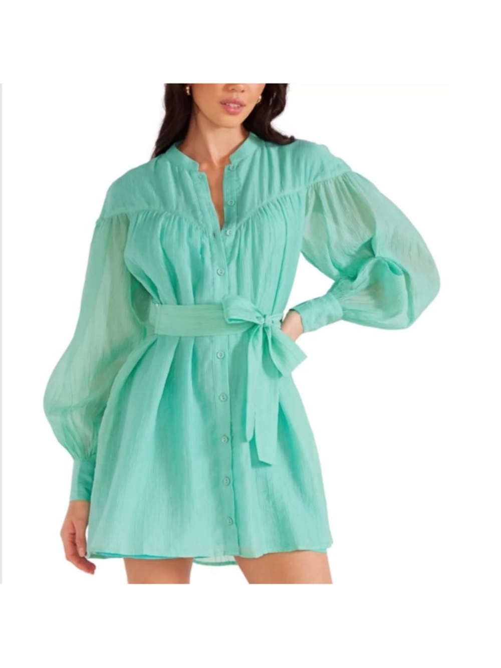 MINKPINK Mint Green Button-Front Tie-Waist Mini Dress